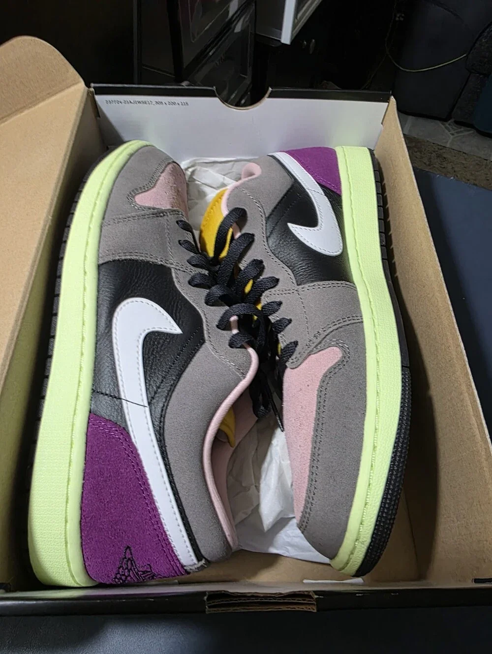 Jordan 1 Low Pink and Gray Low-Top Sneakers with Yellow Size 10.5m.